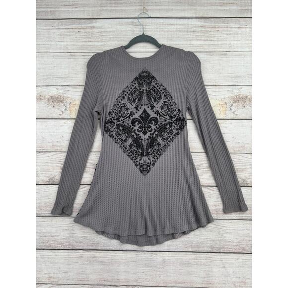 Vocal Embellished Fleur De Lis Print Thermal Shirt Womens Small Gray Waffle Knit - Picture 2 of 10